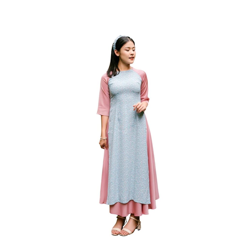 7394 Mom And Daughter Blue Hoa Matching Ao Dai Skirt Set